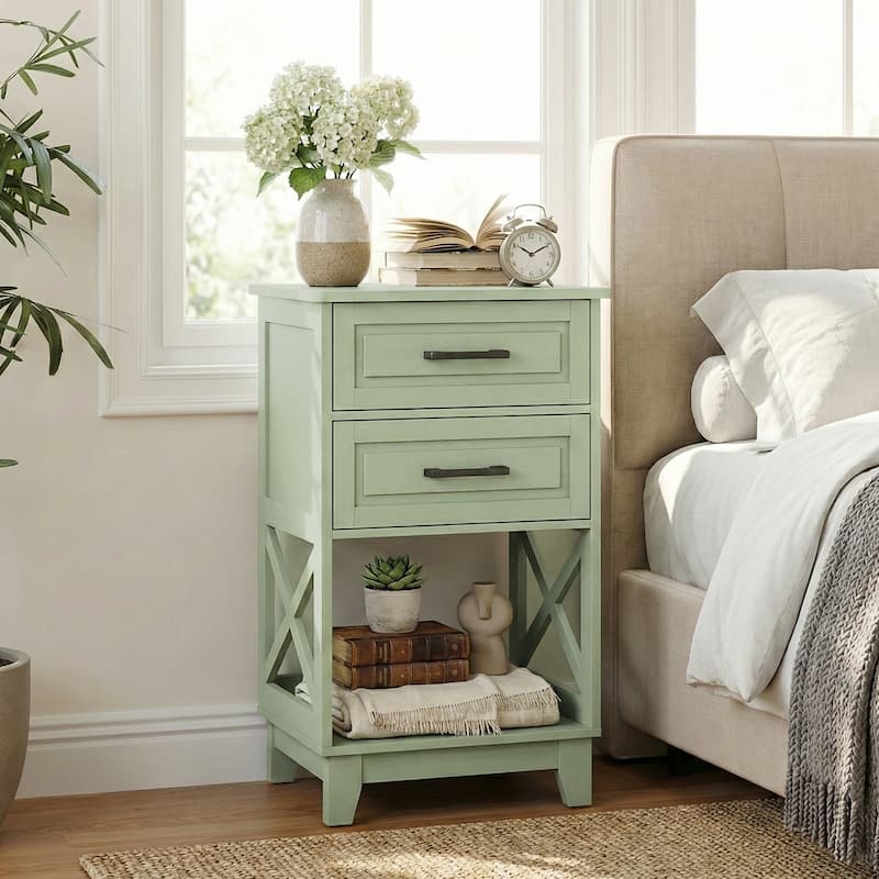 Tall Nightstand with 2 Drawers and Open Shelf Below