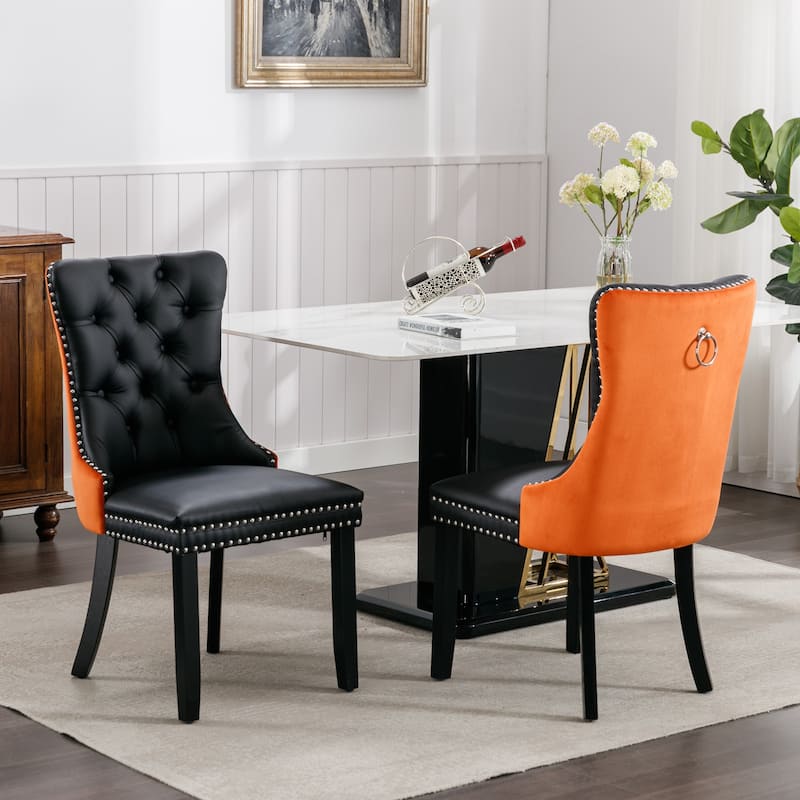 Faux Leather Upholstered Tufted Dining Chairs Set of 2, High Wingback Kitchen Chairs with Wood Legs and Nailhead Trim - Black PU
