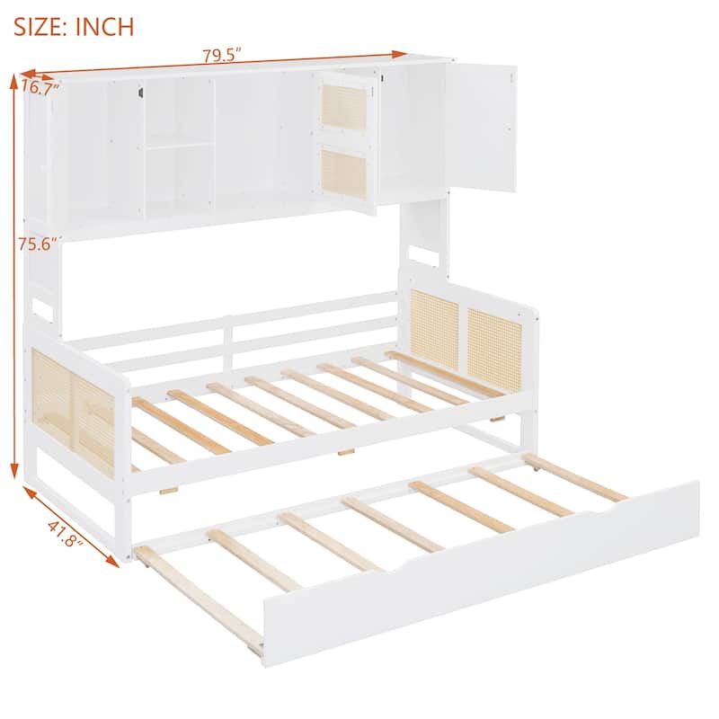 Twin Size Wooden Daybed with Trundle, All-in-One Cabinet and Shelf