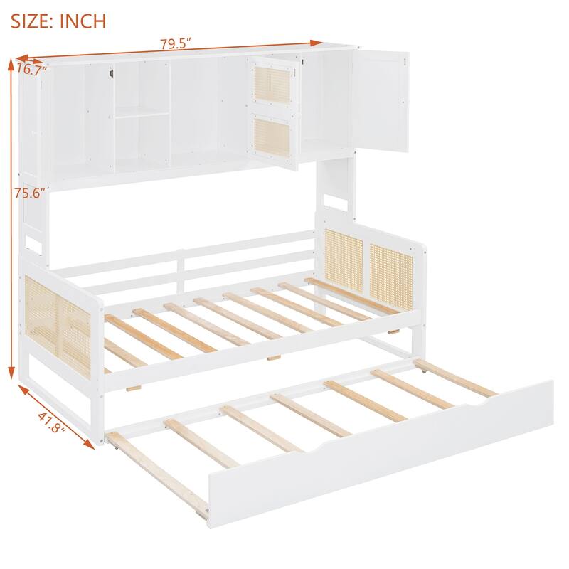 Wood Full Size Daybed with Built-In Storage Cabinet, Shelves & Twin Trundle, Rattan Accent, No Box Spring Needed