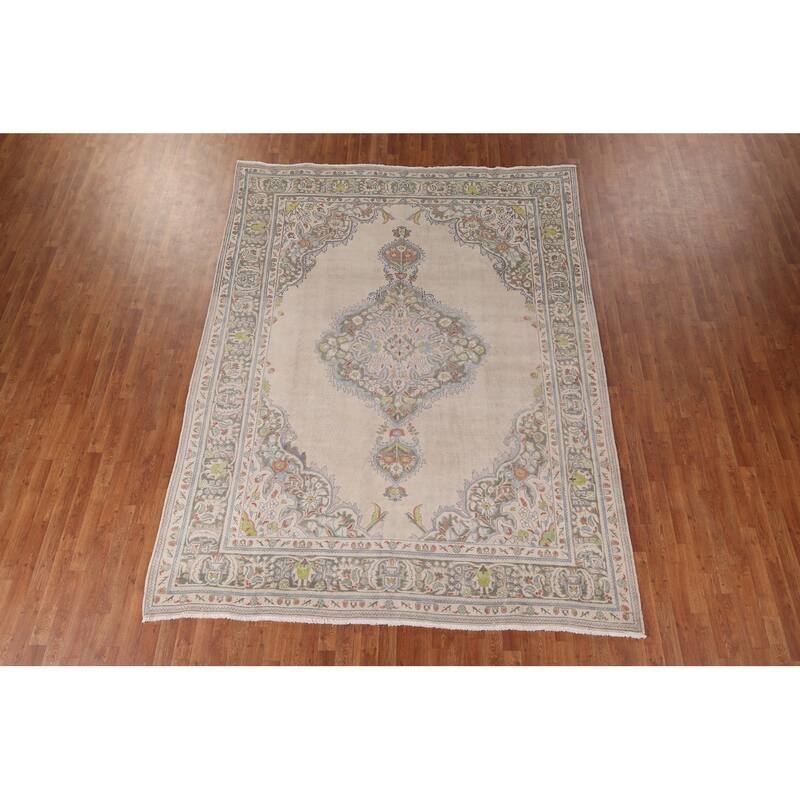 Beige Tabriz Persian Vintage Area Rug Hand-Knotted Wool Carpet - 8'8" x 10'8"
