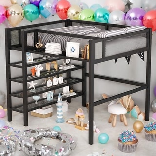 Full Size Metal Loft Bed with 4-Tier Shelves and Storage for Home