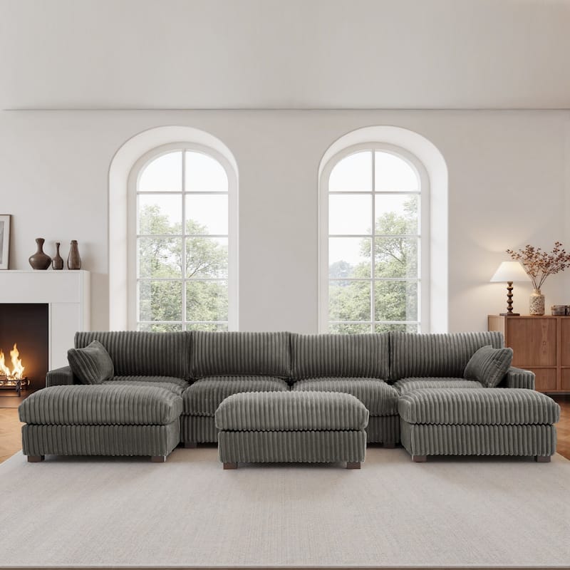 Oversied Plush Corduroy Fabric Modular Sectional Sofa with Chaise, Ottoman