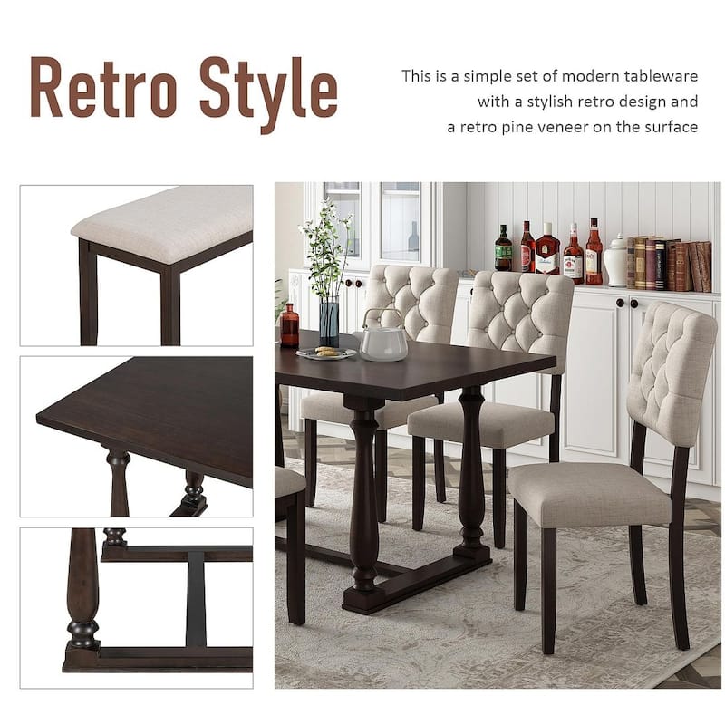 6 Piece Dining Set - 60'' Rectangular Dining Table with 4 Upholstered Chairs and Bench