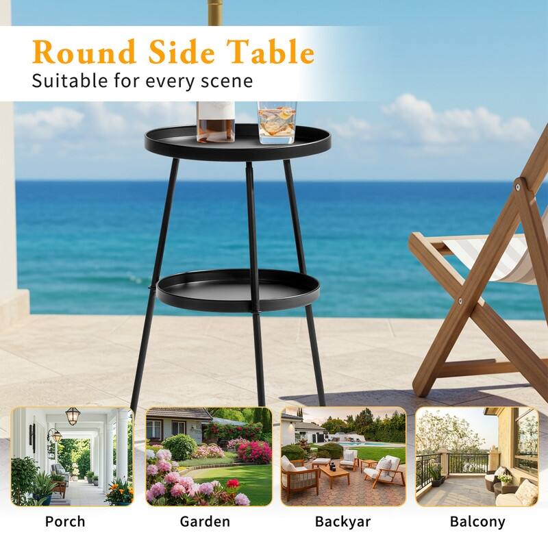 2 Tier Round Patio Small Side Table, Metal Coffee Table for Indoor Outdoor