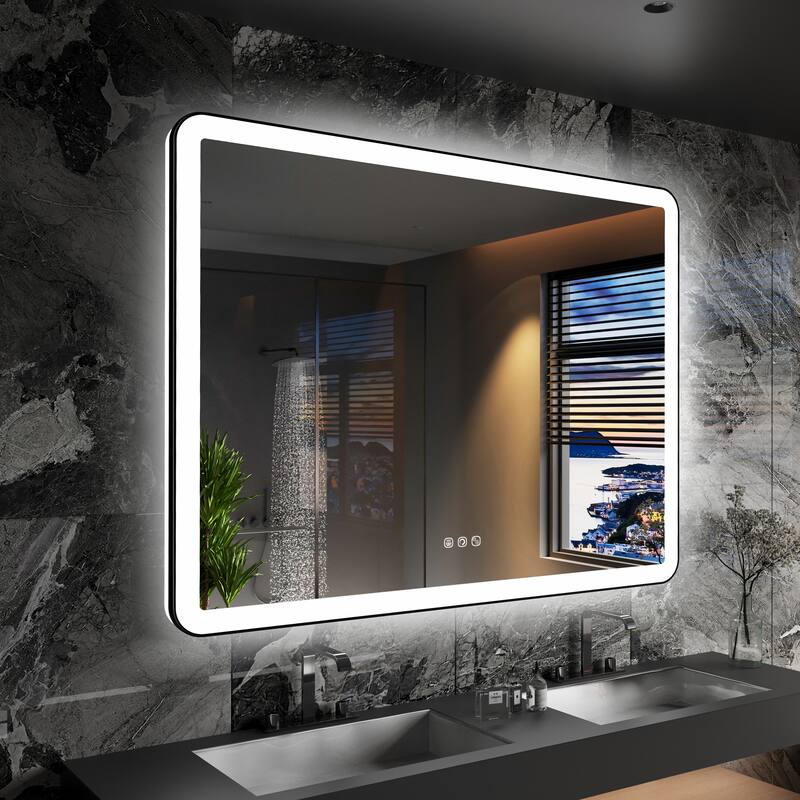 Rectangular Angle Rounded Framed Super Bright LED Wall Mounted Bathroom Vanity Mirror in Matte Black