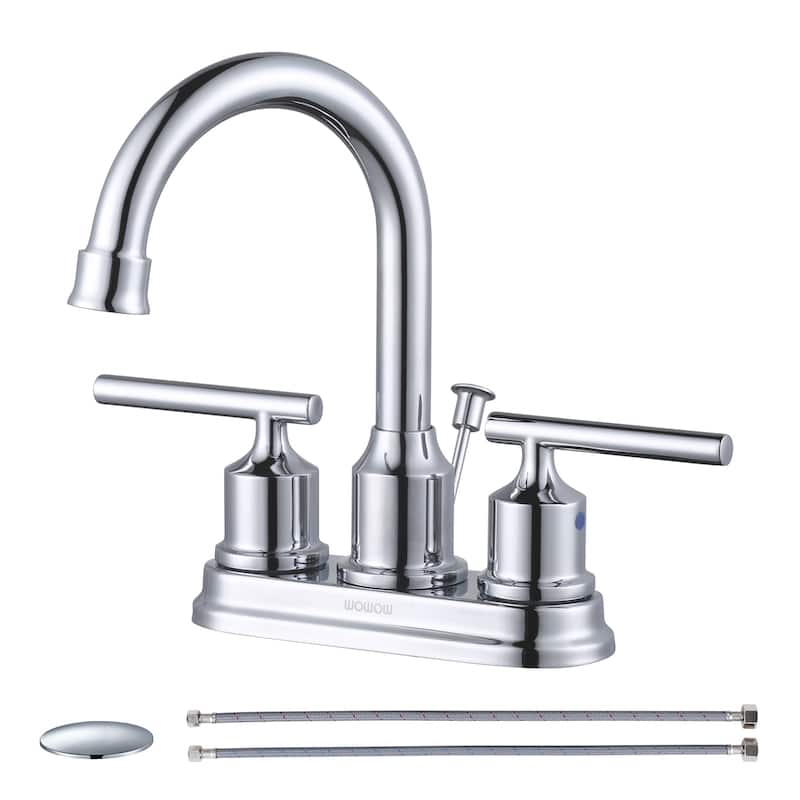WOWOW 4 in. Centerset Double Handle Bathroom Faucet with Drain Kit Included - Chrome
