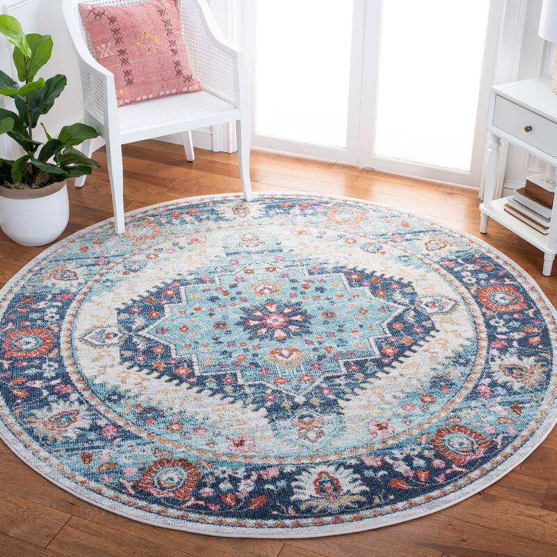 SAFAVIEH Phoenix Ivanne Boho Medallion Distressed Rug - 6'7" Round - Ivory/Blue