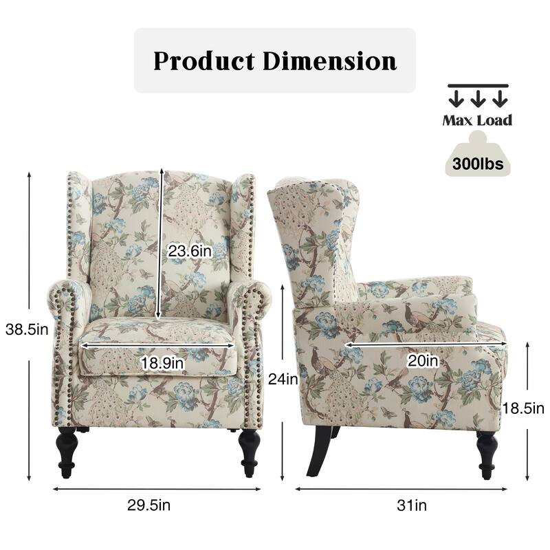 HOMYKA 29'' Wide Floral Pattern Wingback Accent Armchair with Nailhead Trim