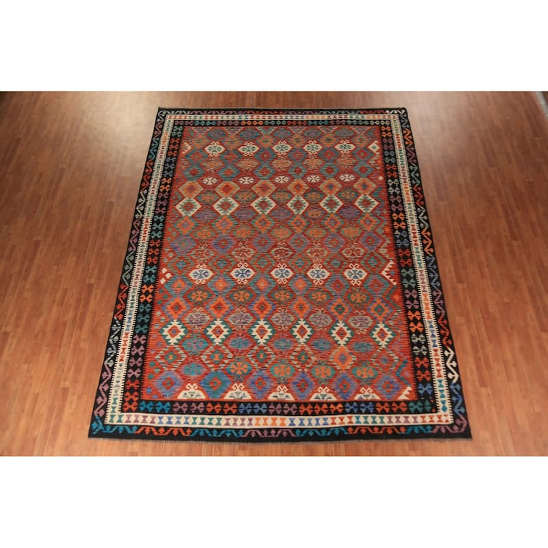 Reversible Orange Kilim Oriental Area Rug Flatweave Wool Carpet - 10'1" x 12'9"