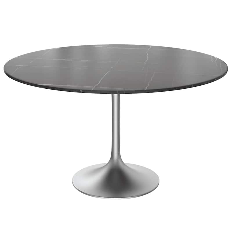 LeisureMod Verve 48" Round Dining Table with Sintered Stone TableTop and Brushed Chrome Base for Kitchen & Dining Room - Black
