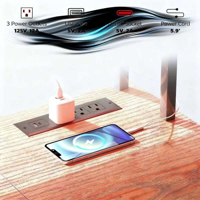 Computer Desk with Power Outlets and LED Lights, Office Desk with File Cabinet Fabric Drawers and Monitor Stand