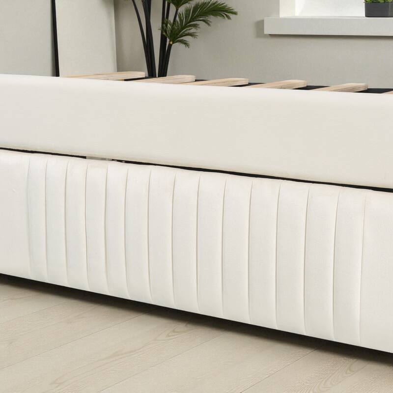 Twin Size Upholstered Daybed with Trundle, Velvet Sofa Bed with Wood Slats, Pull-Out Guest Bed for Bedroom or Living Room