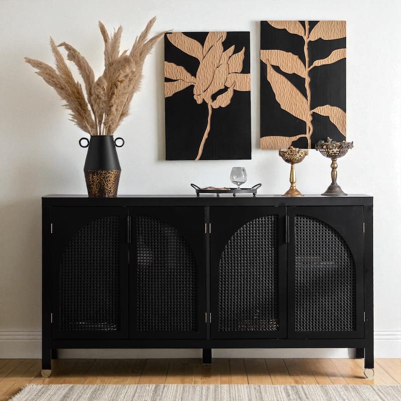 Modern Sideboard Buffet Cabinet with Rattan Doors, 58" Storage Console Cabinet with Adjustable Shelves for Entryway or Kitchen - Black