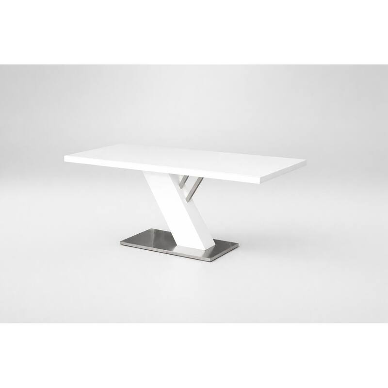 White Dining Table, Glass on the Lacquer Top w Stainless Steel Base