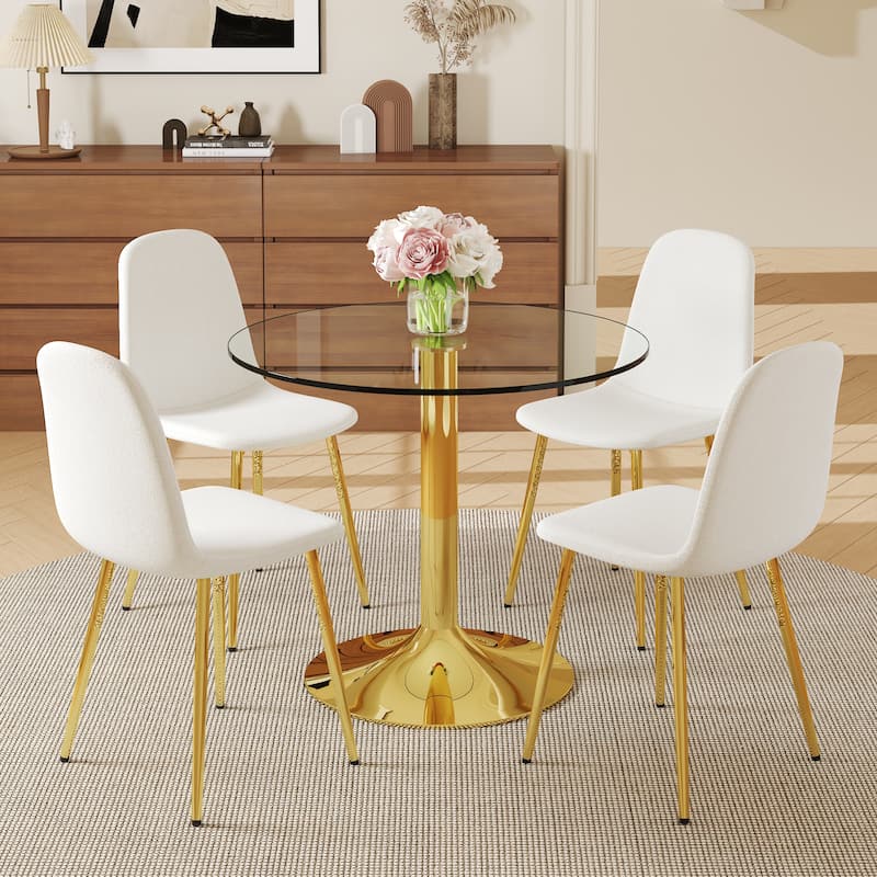 5-Piece Round Dining Table Set, 35 Inch Tempered Glass Top with Metal Base & 4 High-Resilience Fabric Chairs