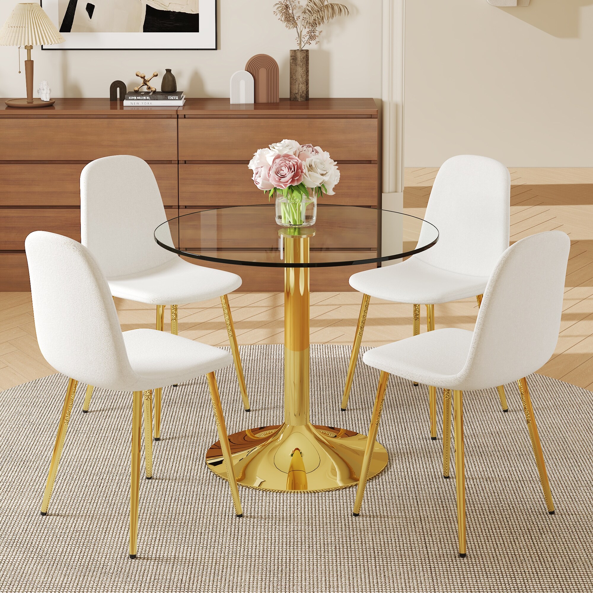 Transparent Tempered Glass Round Dining Table With Gold Metal Base And 4 Black Linen-Cotton Dining Chairs