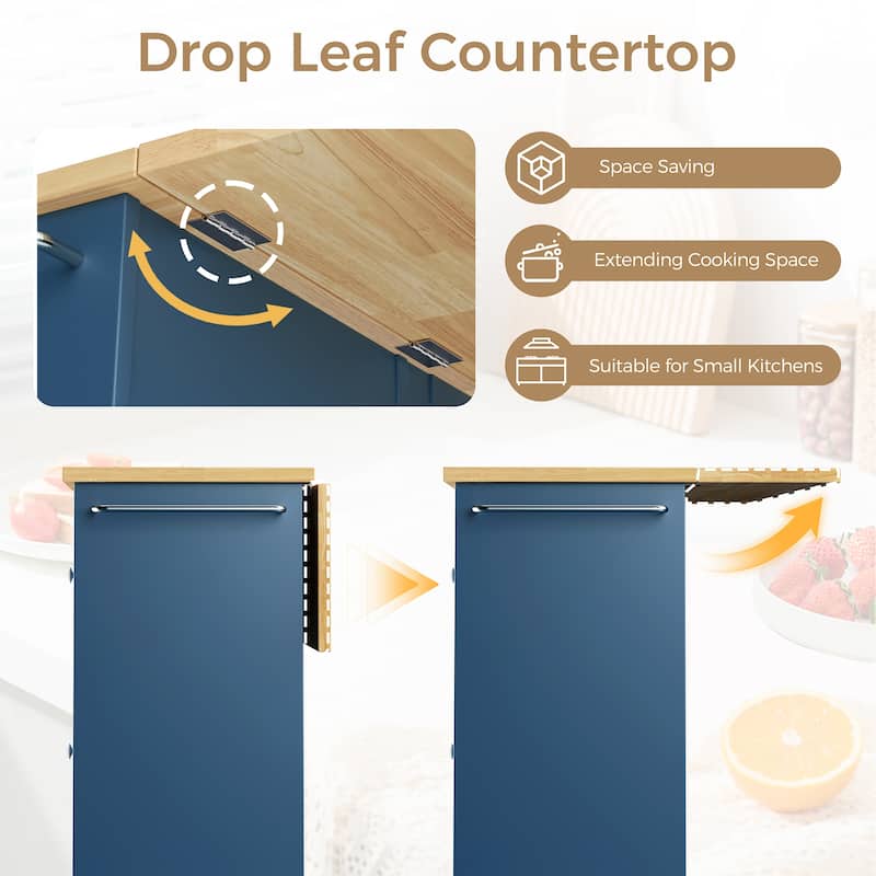 Rolling Kitchen Island with Storage Cabinet & 3 Drawers – Mobile Storage Cart with Extendable Countertop for Small Spaces