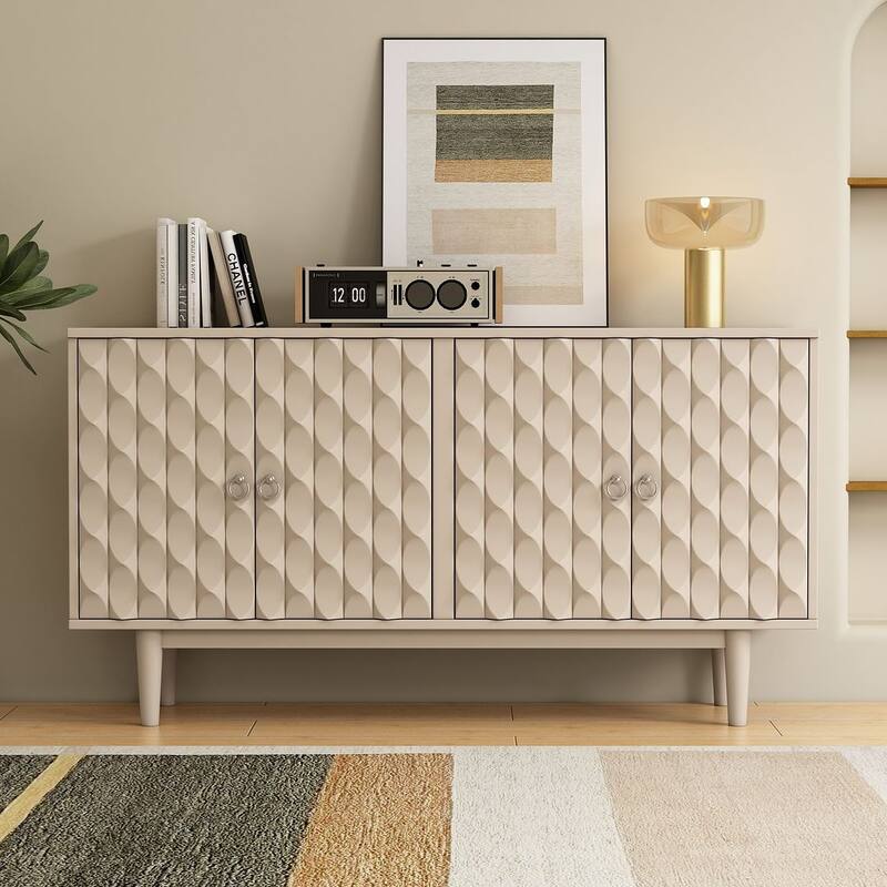 60" Modern 4-Door with Convex Pattern Doors and Silver Handles Buffet/Sideboard - Almond