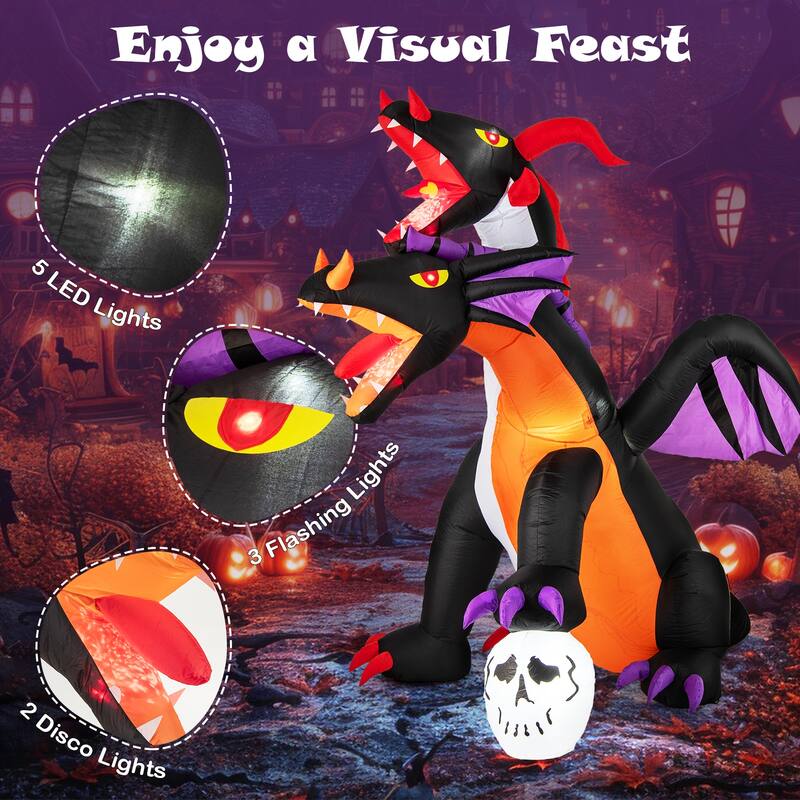 8 Feet Halloween Yard Inflatable Twin-Headed Dragon with Lights and Stakes for Outdoor Garden Use - 8 x 5.6 x 8 ft