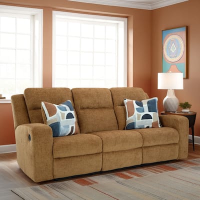 Damon Manual Reclining Sofa, Camel Brown Polyester, 2 Pillows, 86 Inch