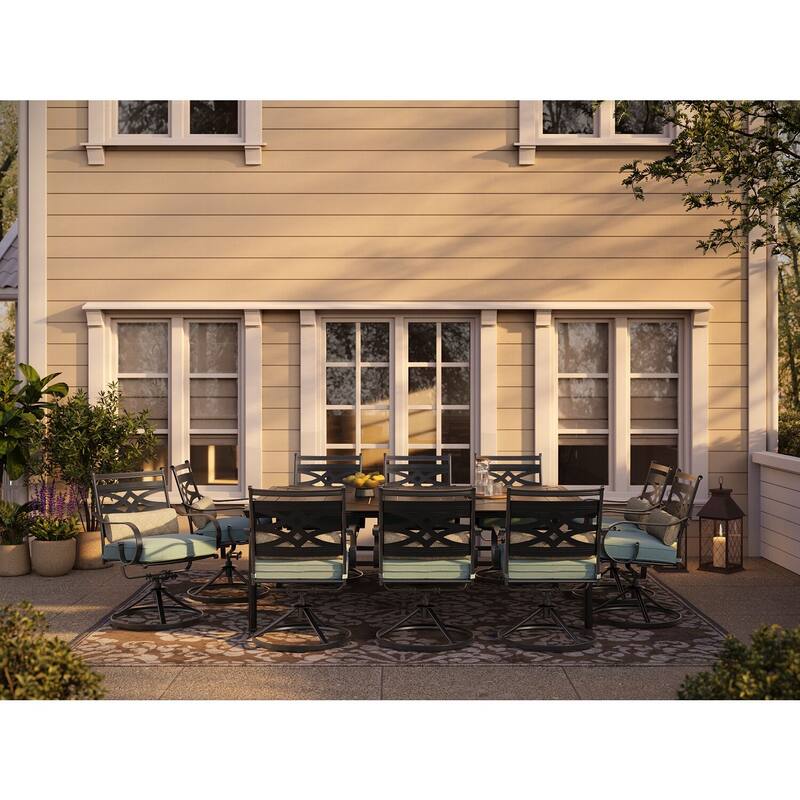 Hanover Montclair 11-Piece Dining Set in Ocean Blue with 10 Swivel Rockers and a 60-In. x 84-In. Table