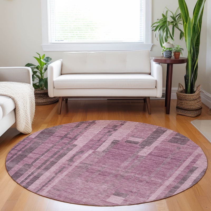 Machine Washable Indoor/ Outdoor Modern Stripes Chantille Rug - Blush - 8' x 8'