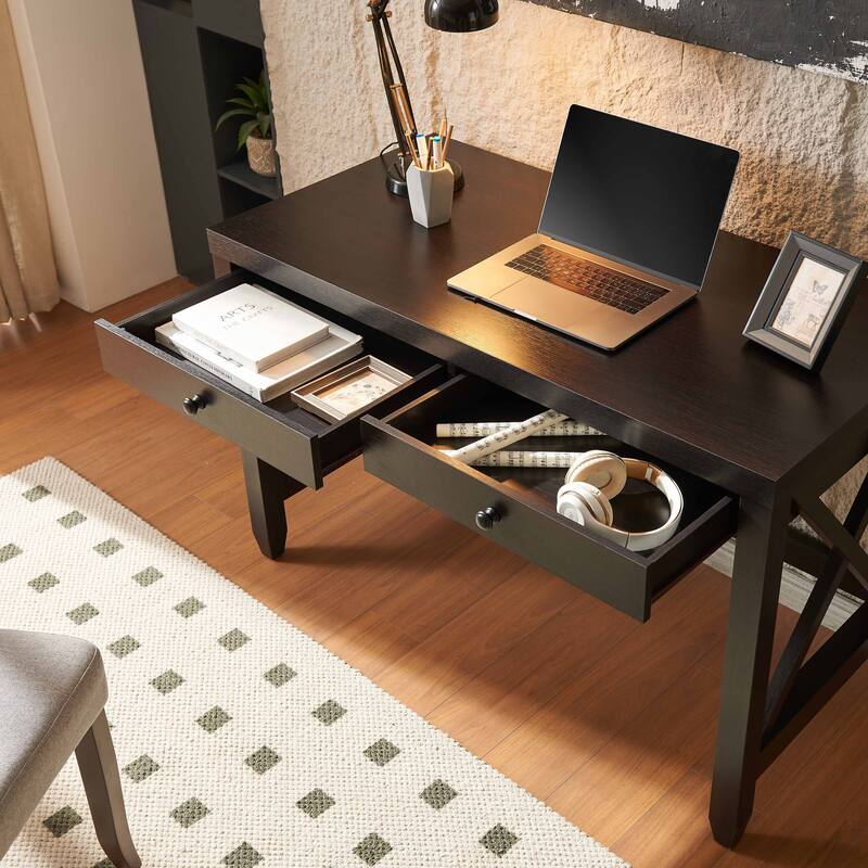 Home office desk writing table two drawers wooden knob handles finished on the back X brace leg frame - Brown