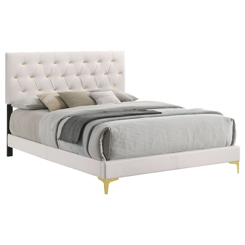 Queen Panel Bed with Tufted Headboard and Gold Accents