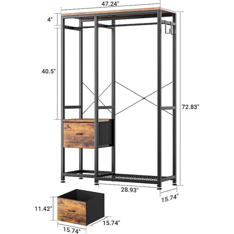 Clothes Rack, Closet Organizer with Storage Shelves, Hanging Bar, Drawers - 47.24"L x 15.74"W x 72.83"H