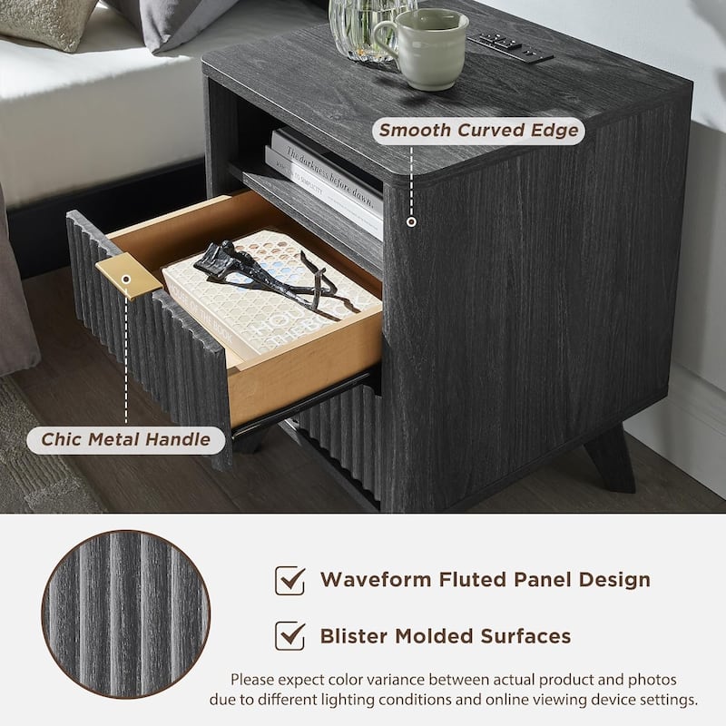 Modern Fluted Nightstand with Faux Marble Top, Side Table, End Table