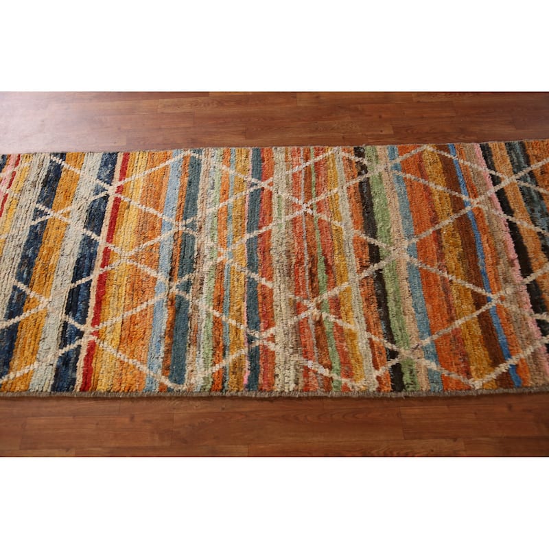 Striped Moroccan Oriental Runner Rug Handmade Wool Carpet - 3'0" x 10'2"