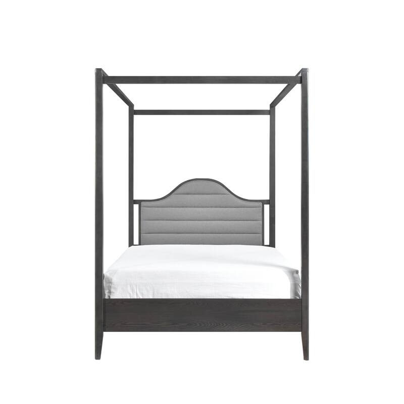 Full Size Wood Canopy Bed with Upholstered Headboard and Wooden Posts