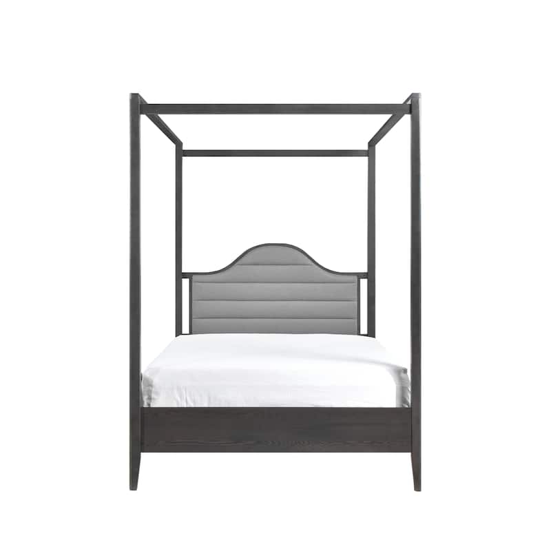 Queen Size Wood Canopy Bed with Upholstered Headboard and Wooden Posts