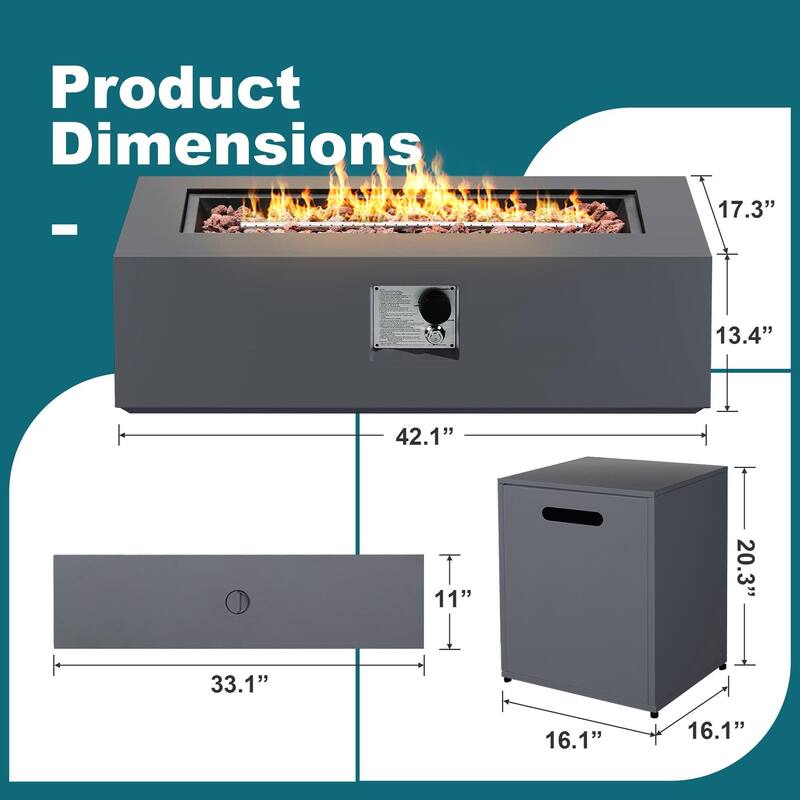 UPHA 42 Inch Outdoor Propane Fire Pit Table, 50,000 BTU Iron Rectangular Gas Fire Pits for Outside with Tank Cover and Lid