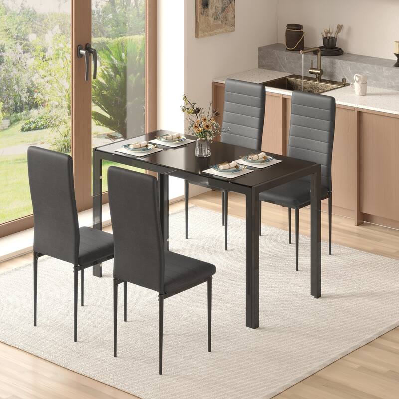 5/7-Piece Glass Top Dining Table Set, Kitchen Table and 4/6 Luxury Faux Leather Chairs, Home Furniture Rectangular Modern, Black