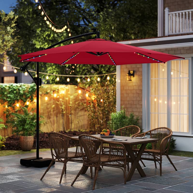 Costway 10 FT Solar Offset Hanging Umbrella with Base Patio Cantilever