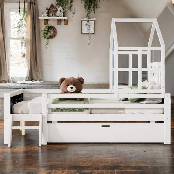 slide 2 of 14, Solid Wood Full Size House Bed with Ladder and Storage Drawers and 2 Blackboard White