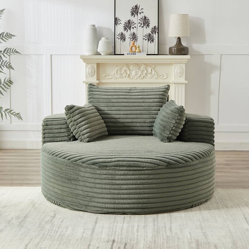 Oversized Round Chaise Lounge Corduroy Upholstered Single Sofa Chair with Cylindrical Neck Pillow and Integrated Backrest