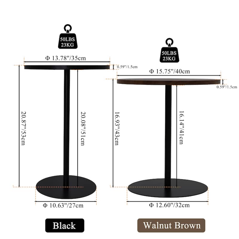 Set of 2 Small Round Side Table Wooden Concentric Circles Coffee Table for Two Metal Pedestal Nightstand for Corner Small Space