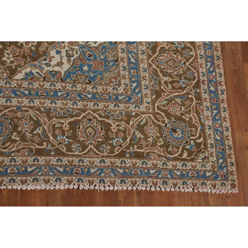 Distressed Mashad Vintage Persian Area Rug Hand-Made Wool Carpet - 9'7" x 13'2"