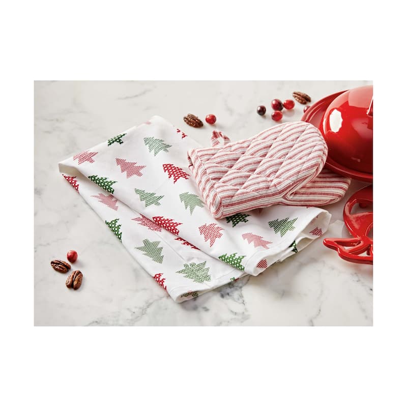 Patterned Tree Dishtowel & Mitt Set - Multicolor Cotton Kitchen Textiles for Christmas - Machine Washable, 26" L x 18" W