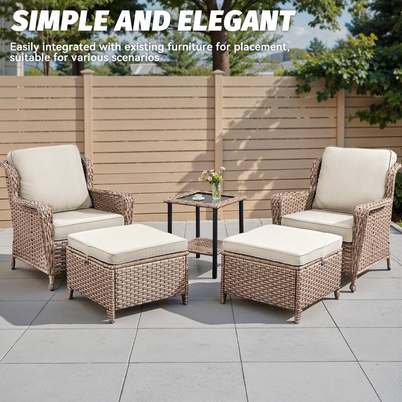 Pocassy Outdoor Wicker Chairs Ottoman with Side Table Funiture Set.