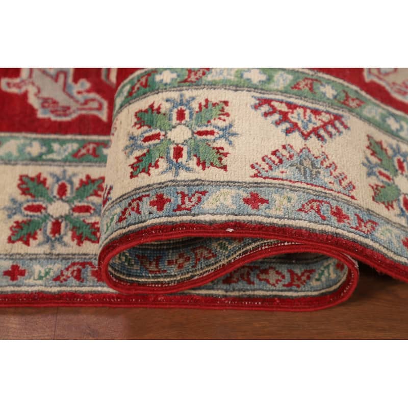 Red Geometric Kazak Rug Handmade Wool Carpet - 3'11" x 5'7"