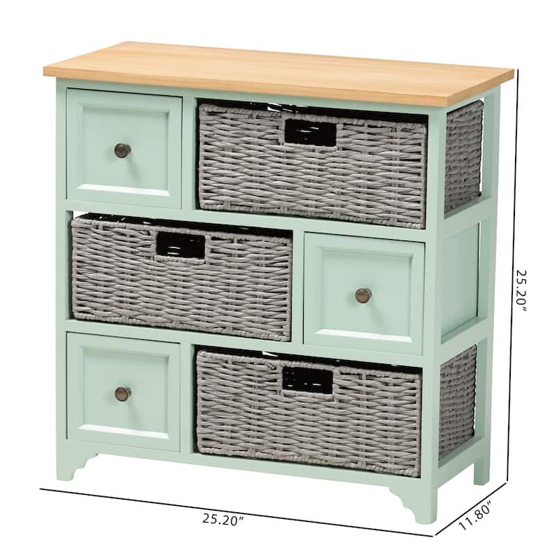 Valtina Modern and Contemporary Two-Tone Oak Brown and Mint Green Finished Wood 3-Drawer Storage Unit with Baskets