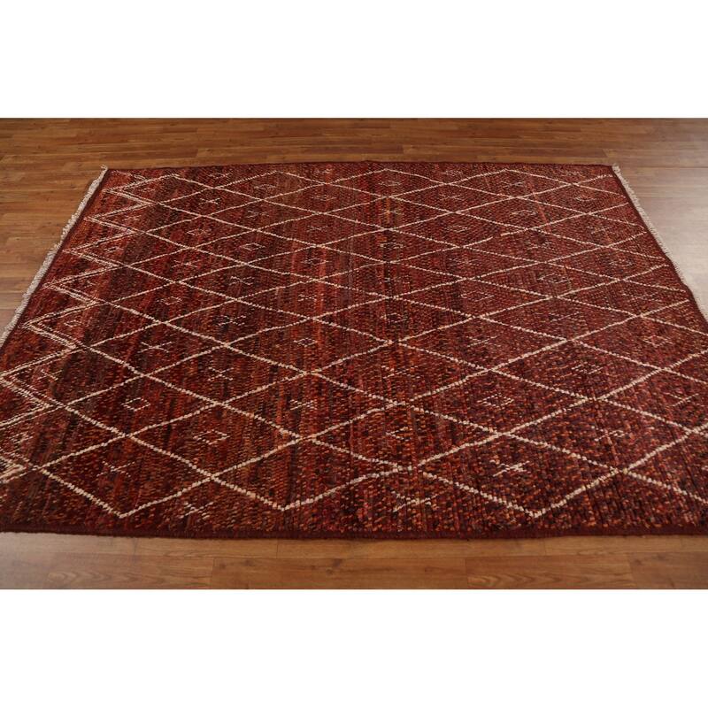 Hand Knotted Oriental 100% Wool Carpet Modern Geometric Red Moroccan Area Rug - 7' 10'' X 5' 7''