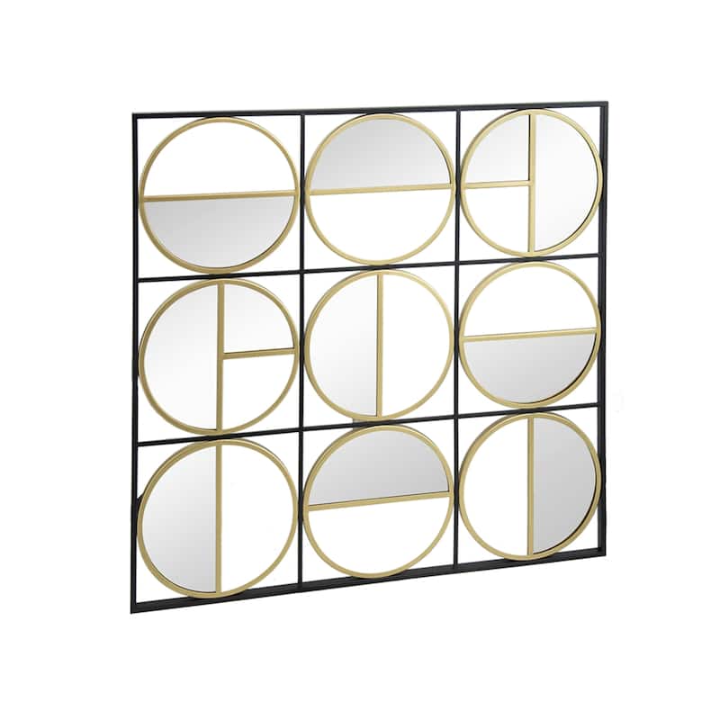 Square Wall Mirror With Frame and Nine Circles 35.5" Black and Gold