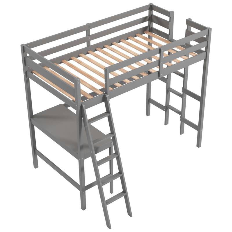 Costway Twin Size Loft Bed w/ Desk & Shelf 2 Ladders & Guard Rail for