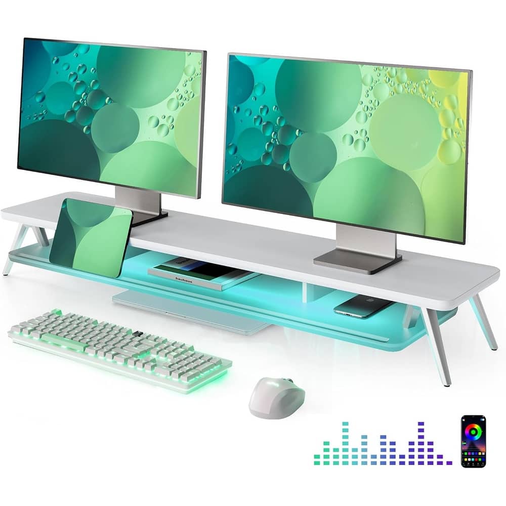 Fenge Dual Monitor Stand for Desk, 2 Tiers Monitor Riser with Acrylic Shelf & App Control LED Lights - 42.5 x 11 x 5.7 inches