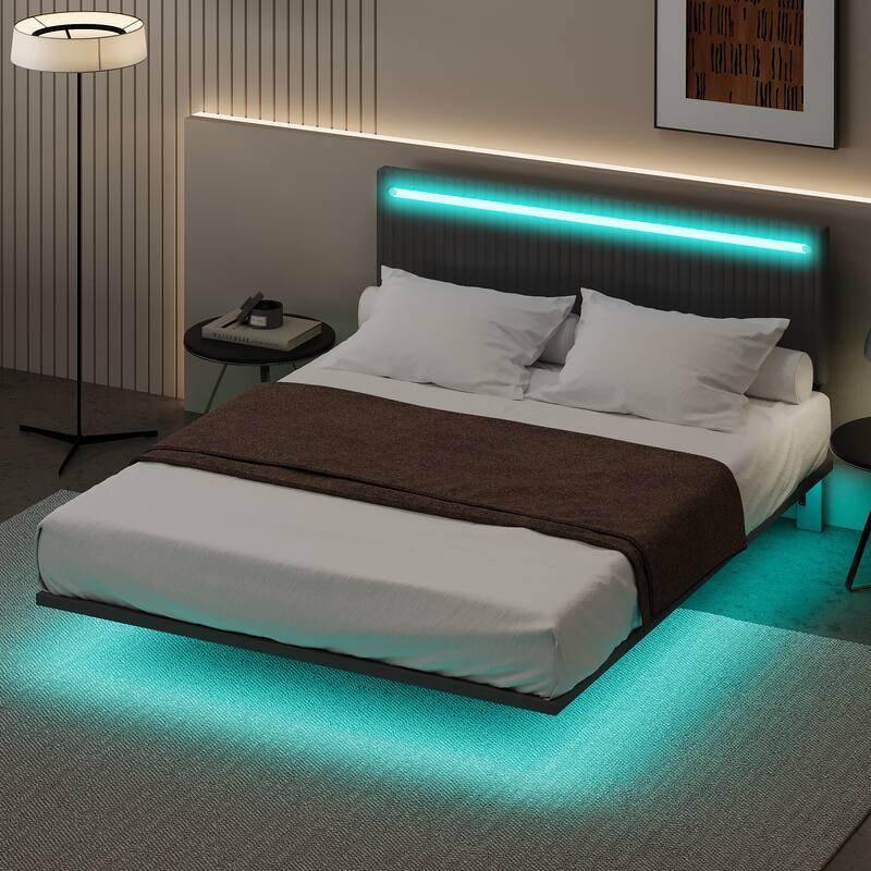 Modern Upholstered Floating Bed Frame with LED Lights, Vertical Channel Design Velvet Fabric Bed, Queen Size, Beige